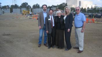 Image of Andy Waterhouse, Bob Segar, Margrit Mondavi, Clare Hasler and Charlie Bamforth prior to the building of the Robert Mondavi Institute for Wine and Food Science.