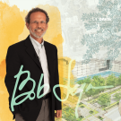 Image of Bob Segar, associate vice chancellor of UC Davis Campus Planning and Environmental Stewardship isolated on a graphic rendering of campus together with an representation of his signature.